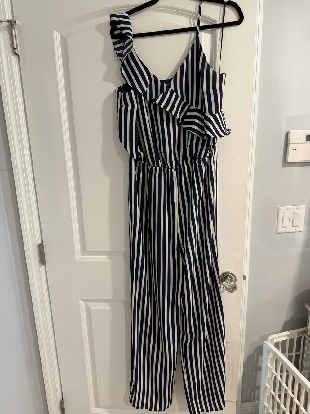 Bar III Navy and White Striped One-Shoulder Jumpsuit